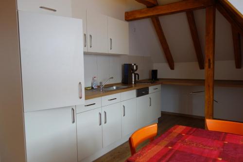 una cucina con armadi bianchi e un tappeto rosso di Ferienwohnung & Wellness a Bad Kissingen
