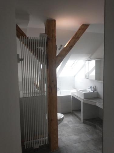 a bathroom with a staircase and a toilet in a room at Bad Aibling City Apartment - Pano in Bad Aibling