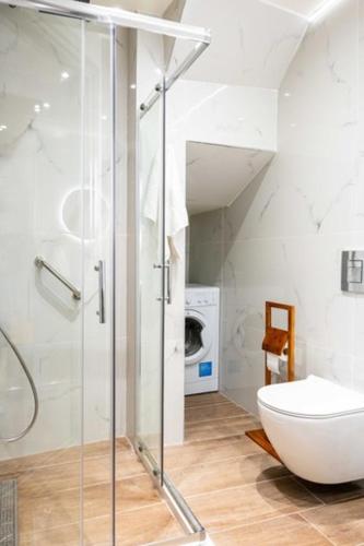 a bathroom with a glass shower and a toilet at Guest house (Gastouri) in Gastouri