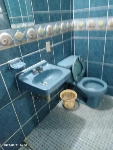 a bathroom with a blue toilet and a sink at Departamento en playa caleta in Acapulco
