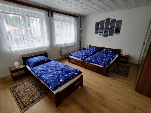 two beds in a room with blue pillows on them at B & S prázdninový dům in Varnsdorf