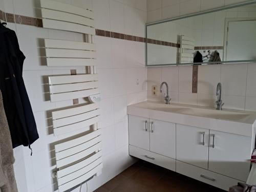 W łazience znajduje się umywalka i lustro. w obiekcie B&B Waardevol, Julianastraat 2L w mieście Waarde
