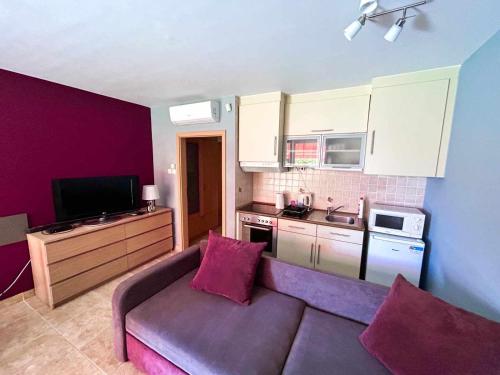 a living room with a couch and a kitchen at Vadszilva Apartman in Balatonőszöd