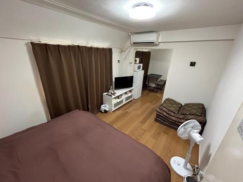 een slaapkamer met een bed, een bank en een televisie bij Guest House ZEN HAKATA Ohori Park in Fukuoka