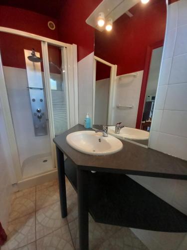 une salle de bain avec un lavabo et un miroir dans l'établissement ESCALE, à Vals-les-Bains