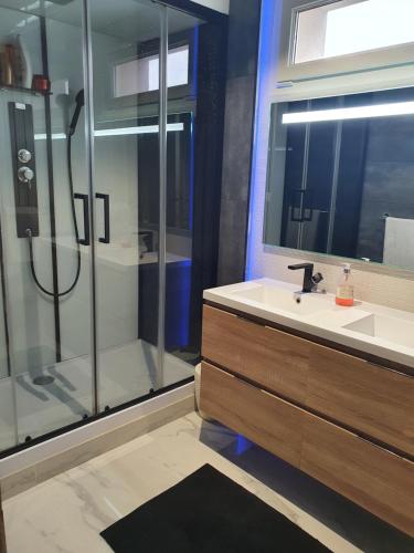 een badkamer met een douche, een wastafel en een spiegel bij Luxury Villa - LA JACHERE in Épinay-sous-Sénart