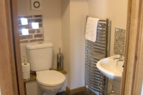 a bathroom with a toilet and a sink at The Shippon Barn with Hot Tub and Private Pool in Wirral