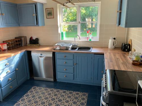 Snipe Vineyard Cottage في وودبريدج: مطبخ مع دواليب زرقاء ومغسلة