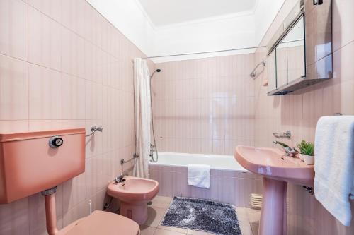 a bathroom with a pink toilet and a sink at Alagoa Apartment in Altura