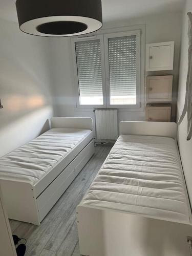 Cette chambre comprend 2 lits et 2 fenêtres. dans l'établissement Superbe appartement design FR, à Feyzin