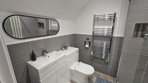 a bathroom with a toilet and a sink and a mirror at The Oasis, SAV - Romney Sands Beach House in Littlestone-on-Sea