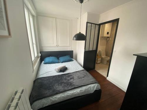 une chambre avec un grand lit avec des oreillers bleus dans l'établissement Le Vasco T avec salle de sport, à Amiens