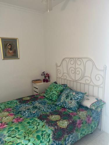 托雷莫利諾斯的住宿－Apartamento la roca (Bajondillo)，一间卧室配有一张带花卉床罩的床
