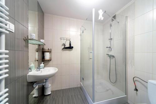 a bathroom with a shower and a sink and a tub at JD Apartamenty - Klimatyzacja, basen, parking i wifi w cenie in Mysłakowice