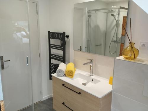 une salle de bain blanche avec un lavabo et une douche dans l'établissement Escapade entre terre et mer, à Melgven