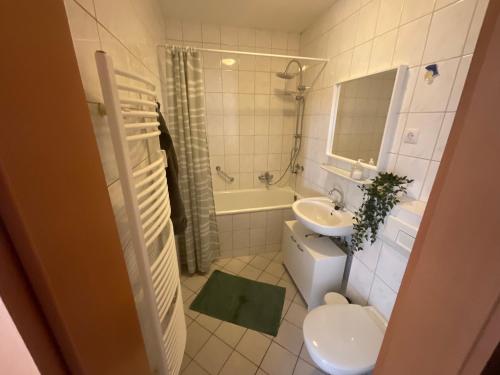 a bathroom with a sink and a toilet and a sink at Wohnglück in Herten