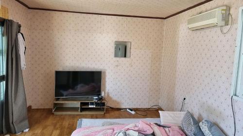 a living room with a tv and a bed at 돼지민박 102호 진하해수욕장 in Ulsan