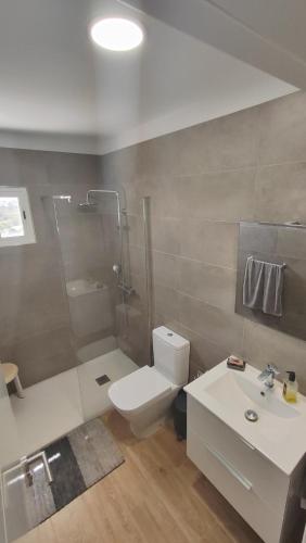 a bathroom with a toilet and a shower and a sink at LA CASA DEL ALMÁCIGO in Arona