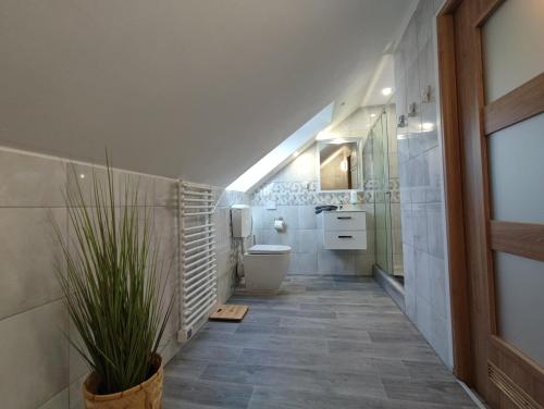 uma casa de banho com um WC e um lavatório em Pension Mojito Senftenberg em Senftenberg