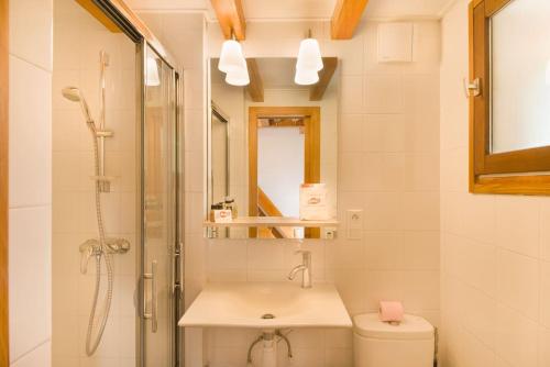 a bathroom with a shower and a sink and a toilet at Chalet Triplex aux Angles vue sur le lac et au pied des pistes in Les Angles