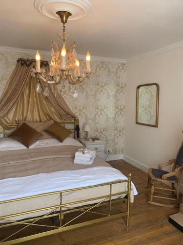 a bedroom with a large bed and a chandelier at Les Lauriers in Peyrat-de-Bellac