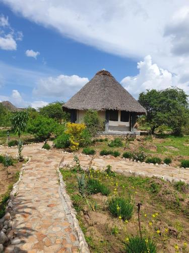 małą chatę z trawiastym dachem na polu w obiekcie Masai Mara Explore Camp w mieście Narok