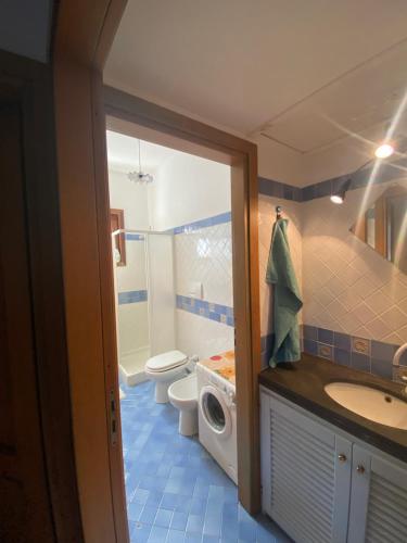 a bathroom with a toilet sink and a washing machine at Casa Bouganville, vista mare! in Lipari