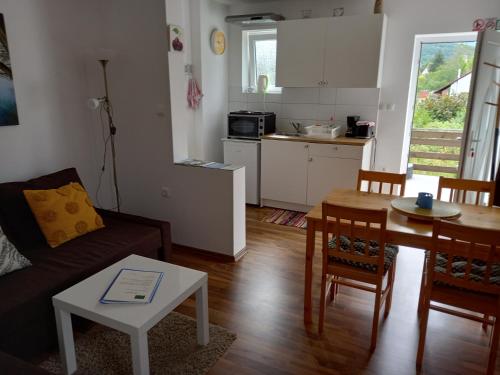 een woonkamer met een bank en een tafel en een keuken bij Plitvice Valley Apartments in Ličko Petrovo Selo