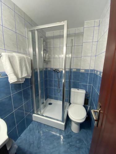 ハツェグにあるVilla California Hategの青いタイル張りのバスルーム(トイレ、シャワー付)