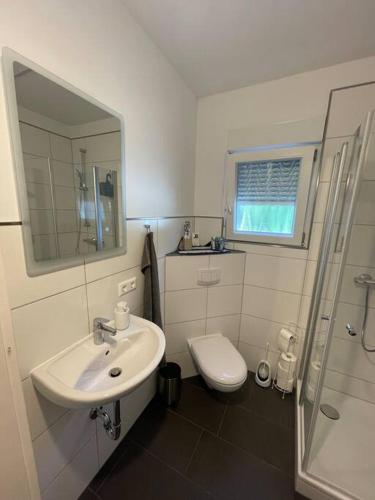 a white bathroom with a sink and a toilet at Großzügige Wohnung in Lüdenscheid