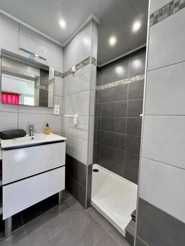 La salle de bains est pourvue d'une douche, d'un lavabo et d'une baignoire. dans l'établissement studio 30m2, à Arles