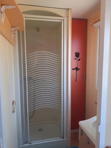 une douche avec une porte vitrée dans une salle de bain dans l'établissement Mobilhome Vue mer et nature, à Plougastel-Daoulas