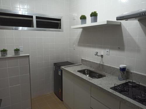uma cozinha com um lavatório e uma bancada em Loft Centro - No Calçadão e em frente Parque das Águas em São Lourenço