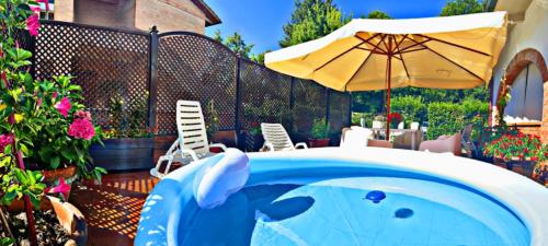 un delfino blu che nuota in una piscina con ombrellone di La Casa di Gigliola a Monticiano