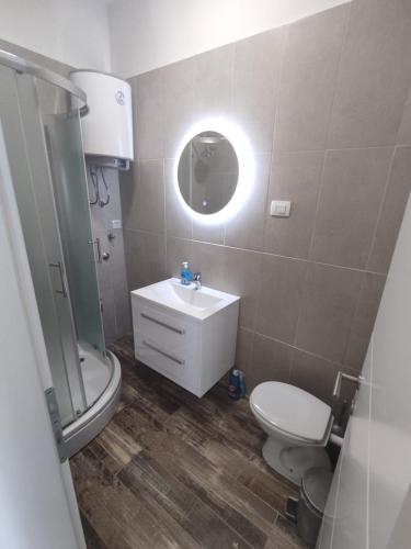 a bathroom with a toilet and a sink and a mirror at Studio apartman Mara in Imotski