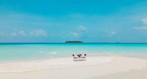 two chairs sitting on a beach in the ocean at Dhoani Maldives Guesthouse in Kendhoo
