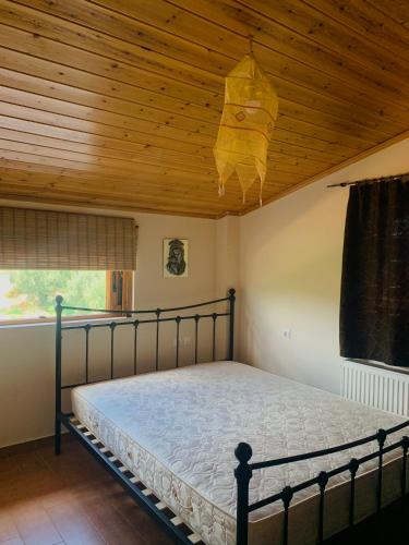 a bedroom with a bed and a wooden ceiling at BOKAS EXOTIC HOUSE in Tragána