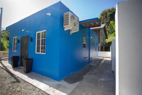 un bâtiment bleu avec une fenêtre et une porte dans l'établissement Mary's Hill Tropical Oasis, à Maryʼs Hill