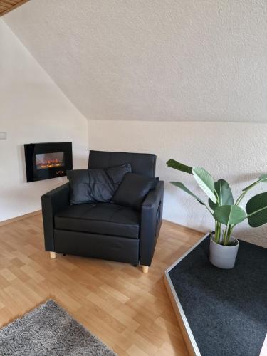 a black leather couch in a living room with a plant at Ferienwohnung Haus Sonnenblick in Burkhardtsdorf