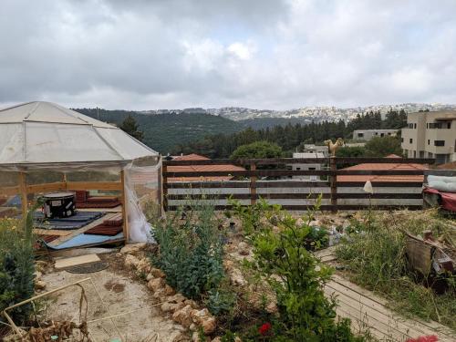 a white tent in a garden with a fence at guest house אשראם בכרמל - אכסניה in Dāliyat el Karmil