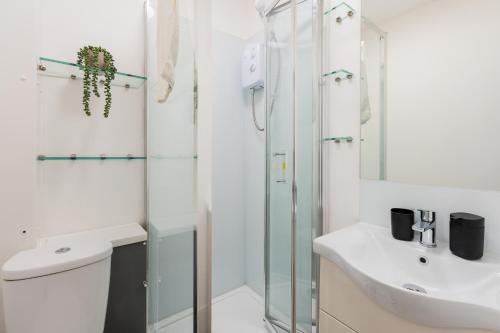 uma casa de banho com um WC, um lavatório e um chuveiro em Spacious and Modern studio in London G em Londres