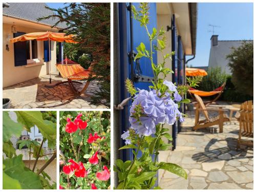 tres fotos de una casa con flores y un patio en TI GLAS, en Tregueux