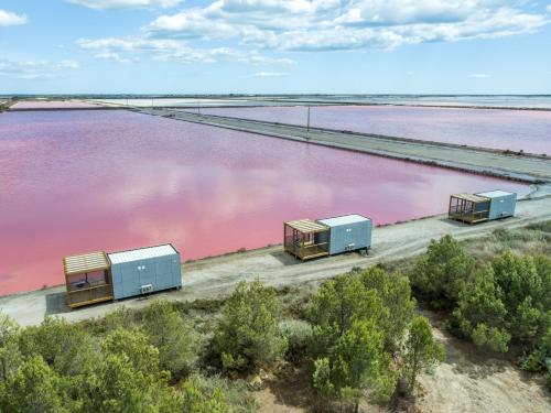 três camiões estacionados ao lado de uma massa de água rosa em Cabane NAOS Aigues- Mortes em Aigues-Mortes