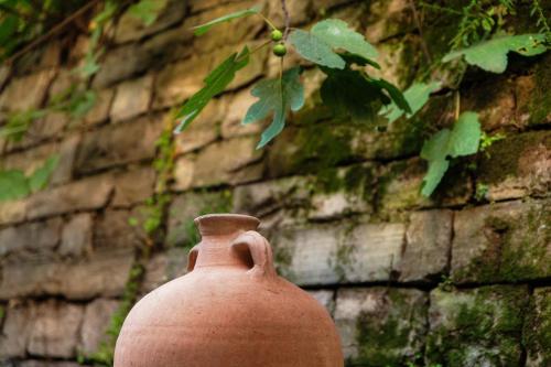 a clay vase sitting in front of a brick wall at Suites Lorodellago Como - The House Of Travelers in Como