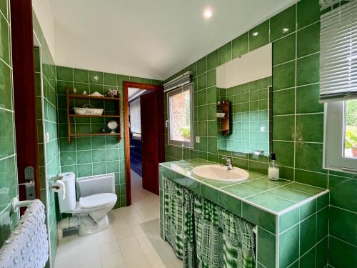 ラヴォールにあるGite Le Mas De Marieの緑豊かなバスルーム(洗面台、トイレ付)