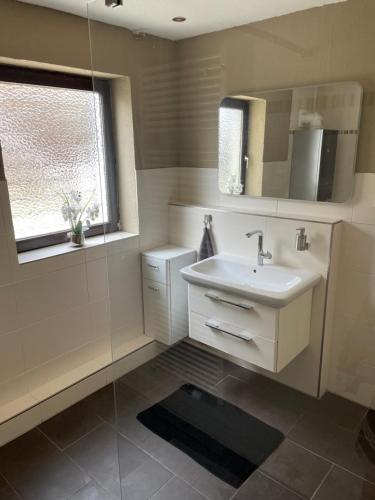 La salle de bains est pourvue d'un lavabo et d'un miroir. dans l'établissement Wohnung mit Garten und überdachter Terrasse, à Bremen