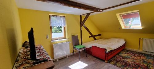 Habitación pequeña con cama y TV. en Ferienwohnung am Fuße des Schwartenberges, en Neuhausen