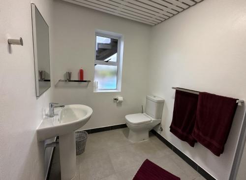 bagno bianco con servizi igienici e lavandino di Monte Rosso Appartement a Somerset West