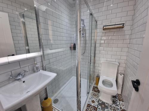 y baño con ducha, aseo y lavamanos. en Stunning roof terrace studio flat en Londres