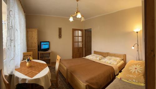 a bedroom with a bed and a table and a television at Privát Lenka in Prosiek